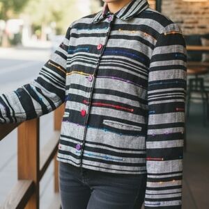 Vintage Ana's Fashion Button Up Boxy Jacket Striped Multicolor Black White Women